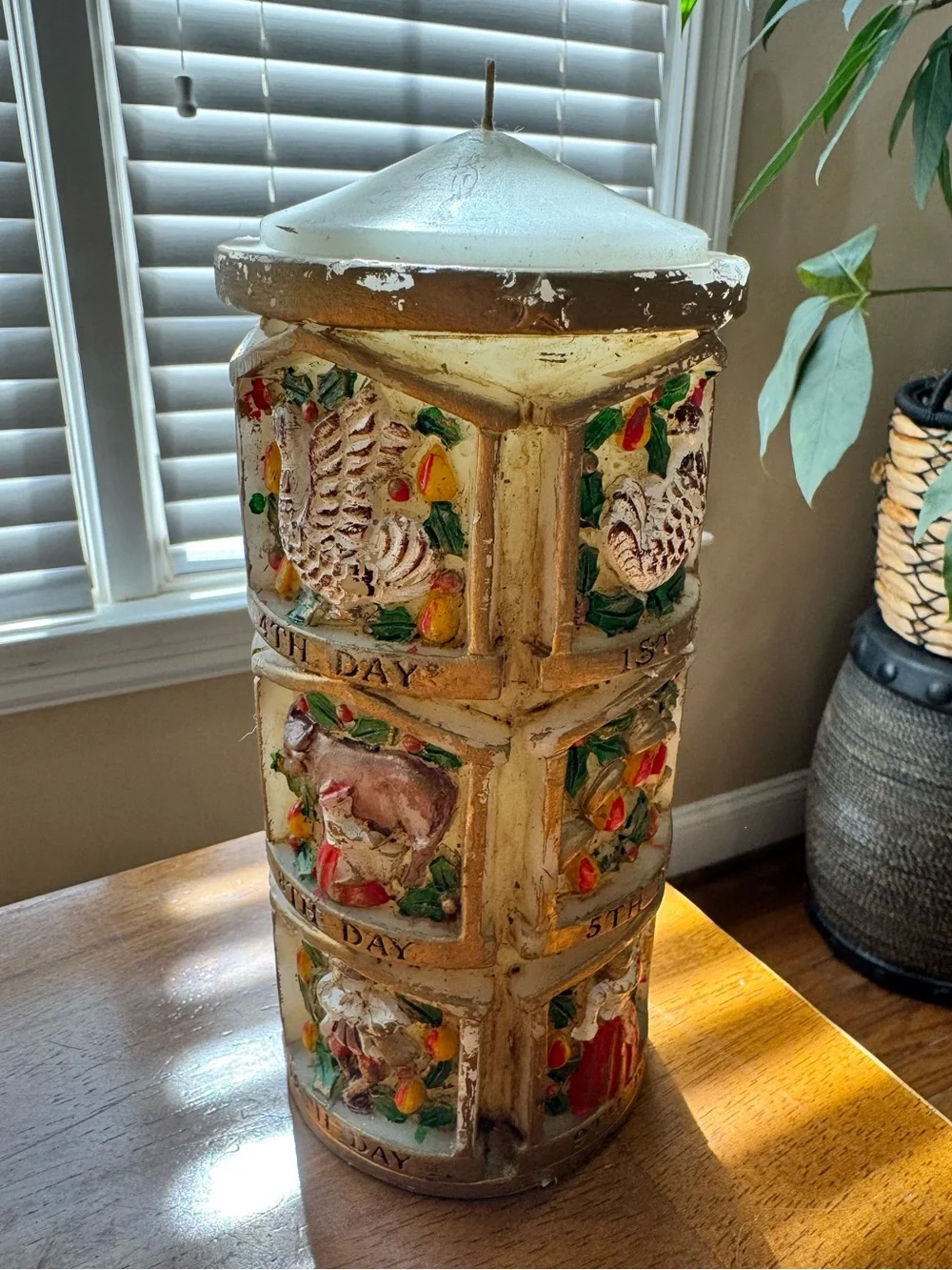 Vintage Pillar Candle 12 Days of Christmas 9”